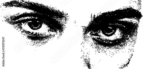 Black and white halftone illustration of eyes close up design for retro art and posters