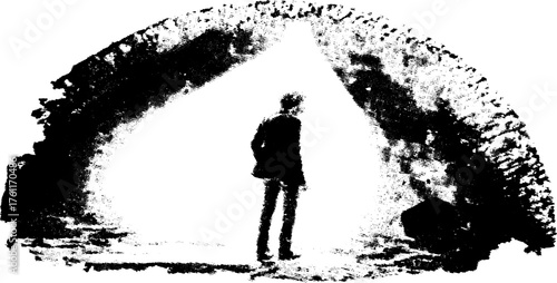 Monochrome abstract figure standin in textured halftone design for posters and prints