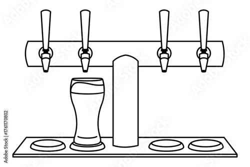 Row of beer taps on the bar at a pub or restaurant with a beer poured line art vector