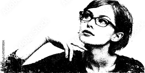 Black and white halftone portrait of a thoughtful woman in glasses – geometric art with xerox effect