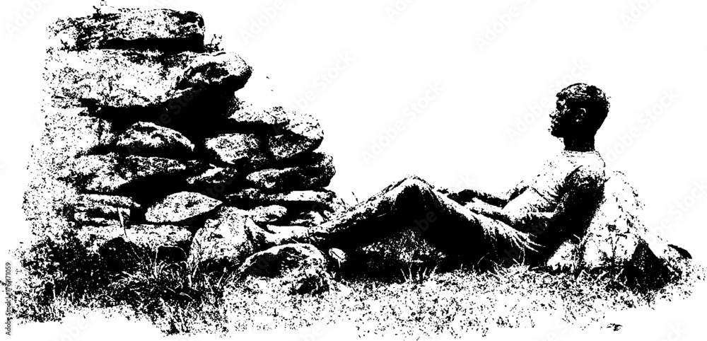 Obraz premium Black and white halftone graffiti illustration with relaxing figure and stone structure