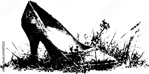 Retro high heel shoe in halftone black and white design for posters or prints