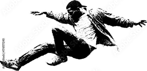 Dynamic black and white hip hop dance pose in halftone style for design and posters