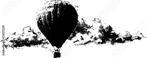 Vintage black and white hot air balloon in xerographic halftone design for retro poster