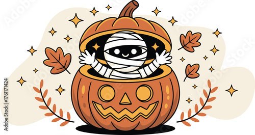 Vector art of cute mummy character emerging from a carved pumpkin with autumn leaves