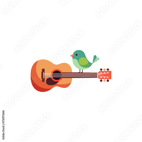 Bird sitting on a guitar icon flat vector design.