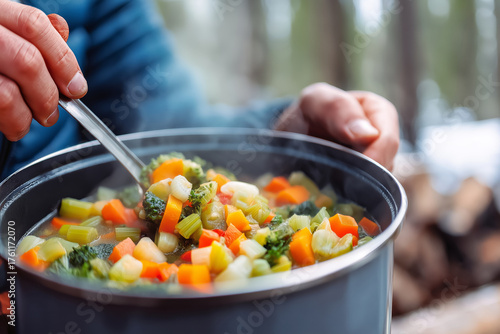 Close-up of hands stirring soup in metal pot over portable stove