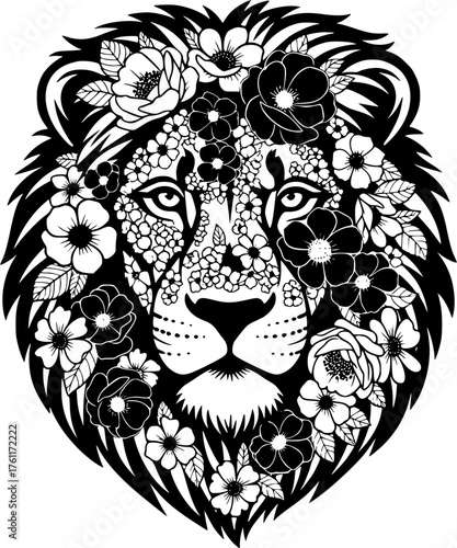 A regal lion's visage intricately adorned with a cascade of delicate flowers in a monochromatic artistic representation.