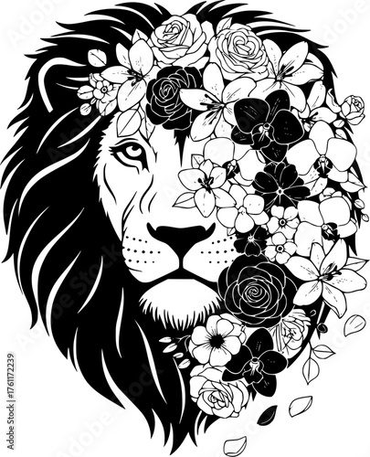 A majestic lion, its powerful visage softened by an exquisite floral arrangement, embodies the strength and beauty of nature in this evocative black and white illustration.