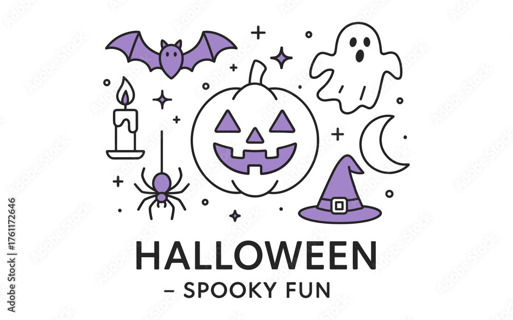 Naklejka premium Halloween spooky fun with pumpkin, ghost, and bat in linear style