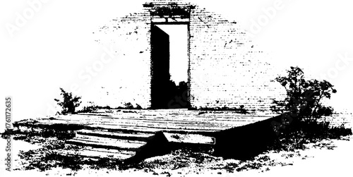 Mysterious open doorway in black and white halftone illustration for design and print