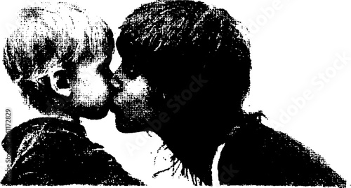 Tender moment between parent and child in black and white halftone art