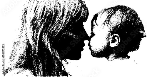 Tender parent child moment in black and white halftone art