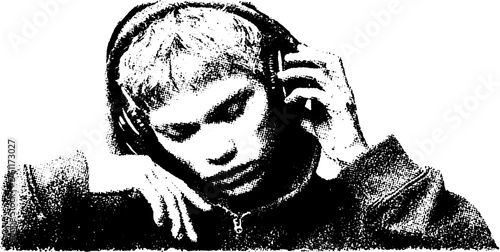 Retro gritty style black and white halftone portrait of person with headphones