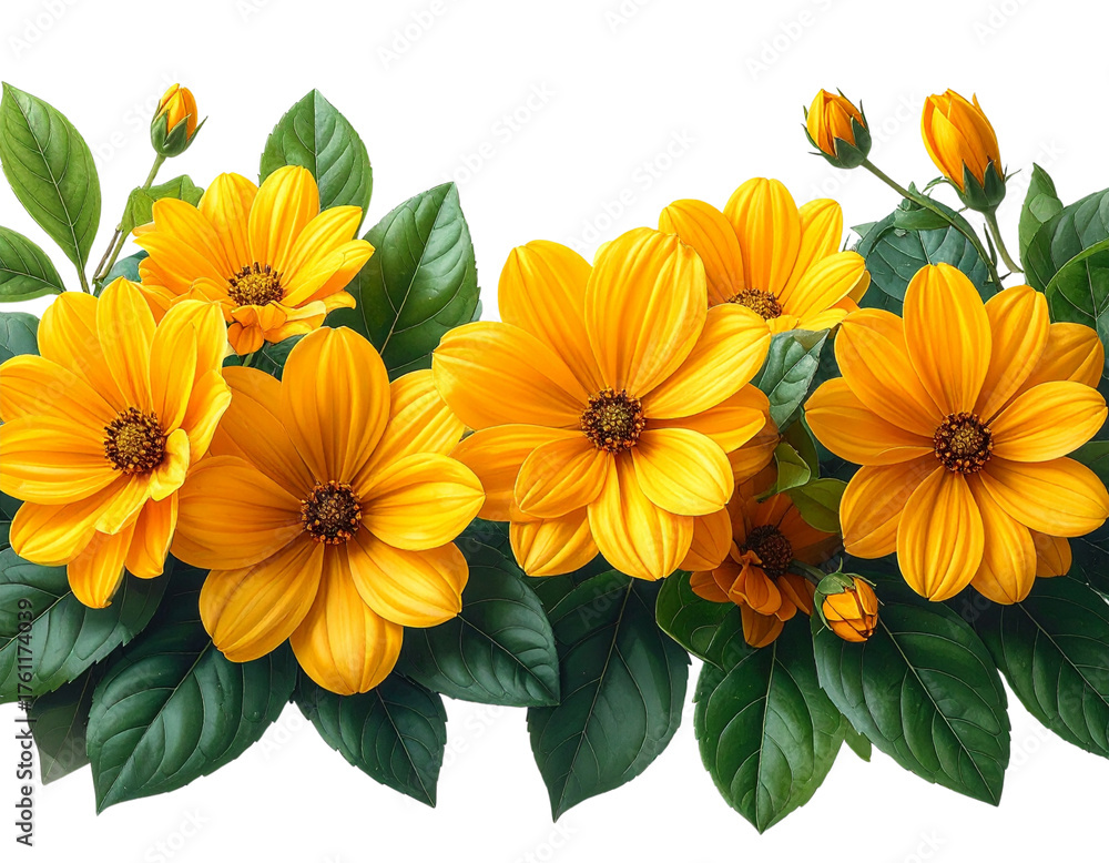 Fototapeta premium _Horizontal Border of Bright Yellow Flowers with Green Leaves, Front View, Isolated PN 