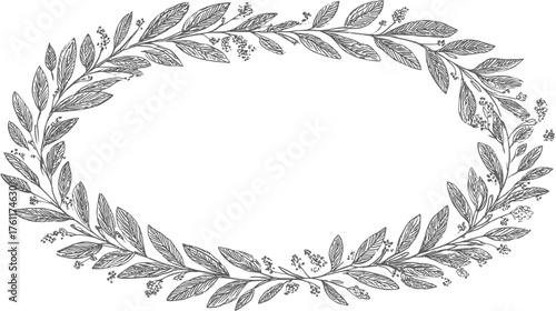 Elegant hand-drawn oval botanical frame with intricate leafy wreath border, vintage sketch illustration of delicate branches and berries.