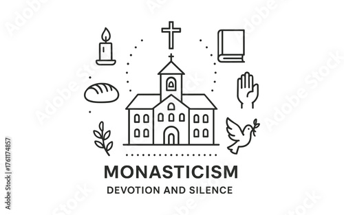 Monastic life elements: spiritual symbols in linear style