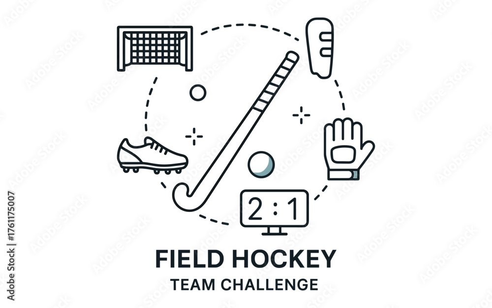 Fototapeta premium Field hockey elements in linear style: stick, goal, and accessories for team challenge