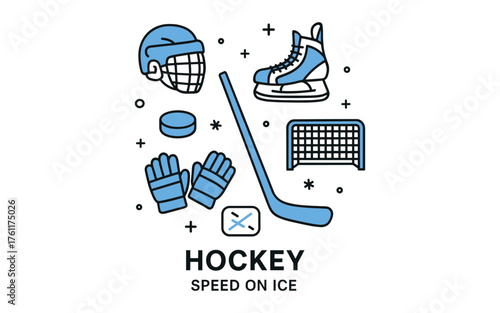 Hockey equipment icons: stick, helmet, gloves, skates, net, puck in linear style