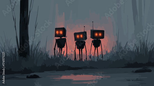 Eerie digital illustration of three small, glowing-eyed robots standing in a dark, foggy wetland with atmospheric reflections.
