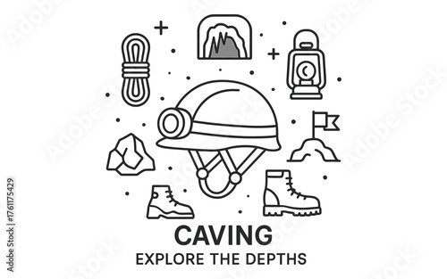 Caving adventure gear icons exploring underground with minimalist line art design