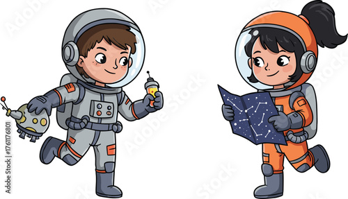 Cartoon boy and girl astronauts in space suits, holding robot and star map, playful pose, space exploration, animation, youth, colorful, science