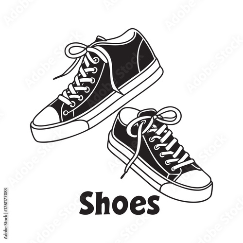 Black canvas high-top sneakers with white soles and laces artistic drawing isolated on white background