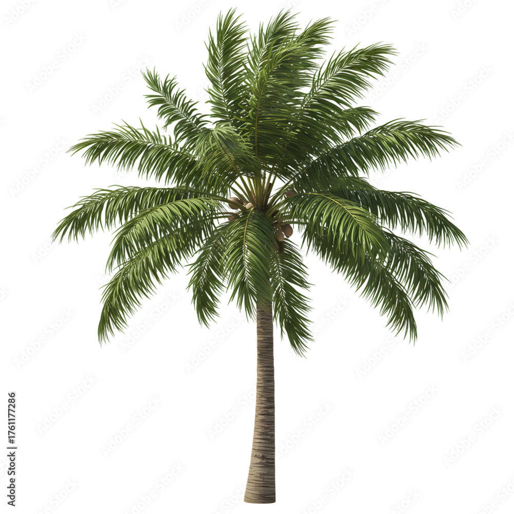 Obraz premium Lush green palm tree with coconuts offers a vibrant tropical escape for your design projects, evoking sunshine and relaxation.