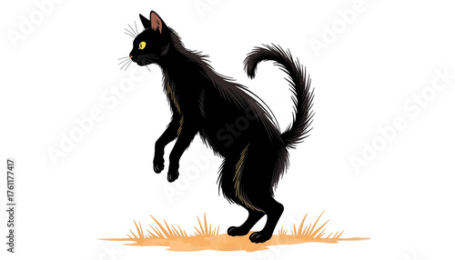 Startled black cat with bristling fur, in a spooked defensive pose, embodying classic Halloween superstition, against transparent background