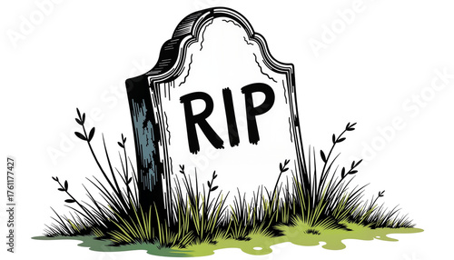 Hand-sketched RIP tombstone with overgrown grass, in muted comic art tones, against transparent background