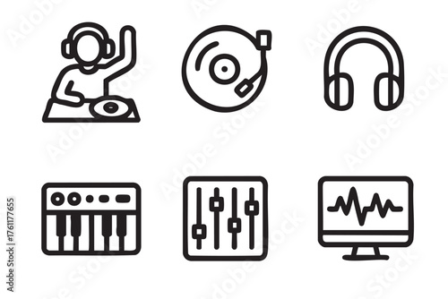 Black outline icons depicting dj setup elements, including turntable, headphones, keyboard, mixing board, and monitor with waveform.