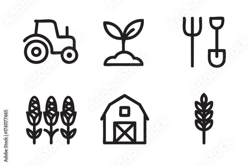 Black outline icons depicting a tractor, plant sprout, gardening tools, corn stalks, barn, and wheat, representing various aspects of agriculture and farming.