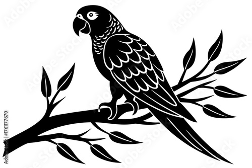 Stylized black parrot perched on a branch with leaves isolated on white background