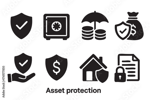 Set of eight black icons representing various aspects of asset protection, including a shield, safe, umbrella with coins, money bag, and a secure document.
