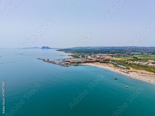 aerial view of the Playa de Torreguadiaro and Sotogrande, with a view towards the Rock of Gibraltar, San Roque, Torreguadiaro, Costa del Sol, Cádiz, Andalusia, Spain
