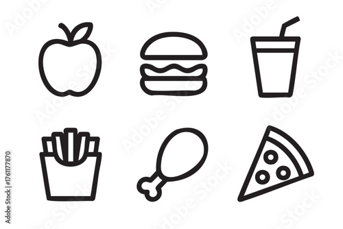 Black outline vector icons of apple, burger, drink, fries, chicken drumstick, and slice of pizza, representing various fast food and snack items.