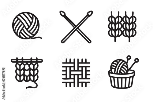 Black outline icons depicting yarn ball, crossed knitting needles, bundles of yarn, knitting row, woven pattern, and a basket with yarn and needles.