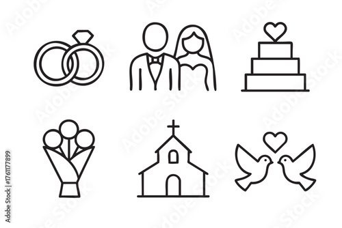 Black outline icons depicting wedding rings, a bride and groom, a tiered cake, a bouquet of flowers, a church, and doves with a heart.