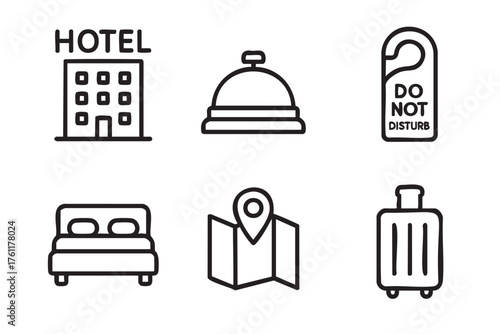 Black outline icons representing hotel amenities, including a hotel building, service bell, do not disturb sign, bed, map, and suitcase, indicating travel and hospitality.