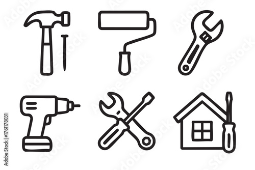 Black outline icons of hammer, paint roller, wrench, electric drill, crossed tools, and a house with a screwdriver for home maintenance concepts.