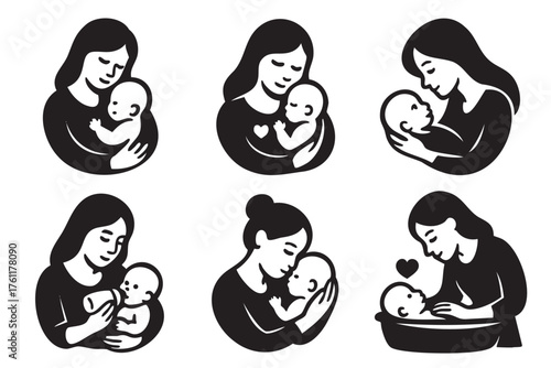 Set of black silhouette icons depicting mothers of various races nurturing and caring for their infants in different affectionate poses.