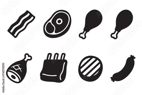 Black silhouette icons depicting various types of meat including bacon, steak, drumsticks, ham, ribs, burger patty, and sausage, arranged in two rows.