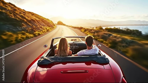 A couple enjoys a scenic sunset drive in a convertible car.
