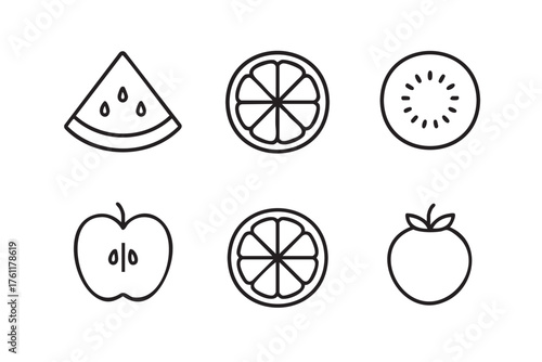 Black outline icons of six fruit slices, including watermelon, orange, kiwi, apple, and tomato, on a white background.