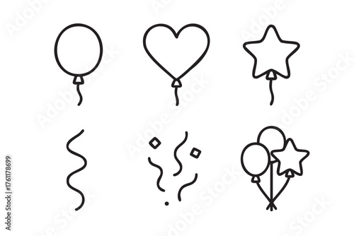 Simple black outline icons of balloons in various shapes including oval, heart, and star, with strings, along with confetti designs.