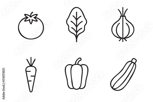 Black outline icons of assorted vegetables including tomato, leaf, onion, carrot, bell pepper, and zucchini, emphasizing simplicity and minimalism.
