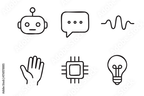 A set of six black outline icons including a robot face, speech bubble, sound wave, raised hand, microchip, and light bulb, symbolizing technology and communication concepts.