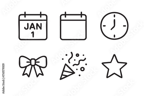Set of six black outline icons depicting a calendar with the date january 1, a blank calendar, a clock, a bow, a party hat with confetti, and a star.