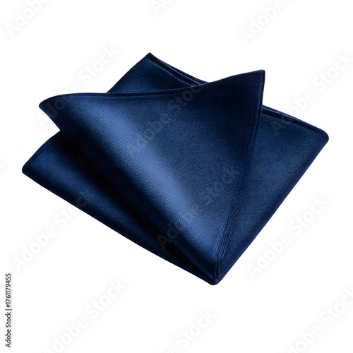 A folded navy blue pocket square on a black background showing the texture and sheen of the fabric item