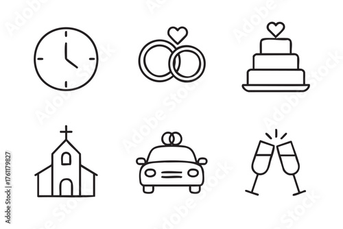 Black outline icons of a clock, wedding rings with hearts, layered cake with heart topper, church with cross, decorated car, and clinking champagne glasses.